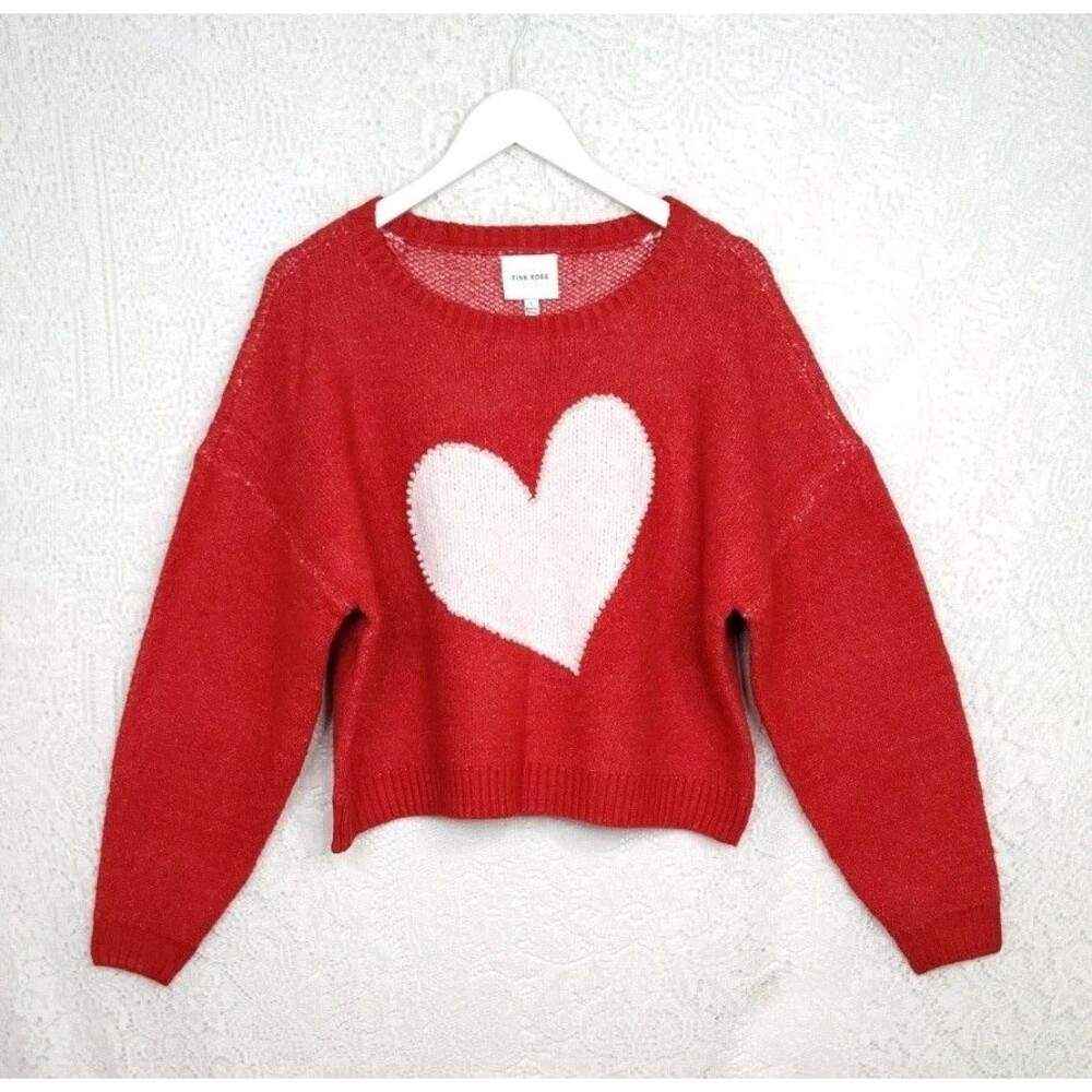 reseved Pink Rose Red Sweater cream Pearls Heart Love Knit L